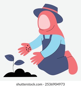 A person in a hat and scarf kneels to plant a small seedling in the soil.