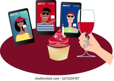 Person having a birthday party with friends via video chat, EPS 8 vector illustration