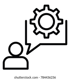 A person having a cogwheel in chat bubble shows solution talk, line icon