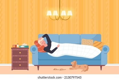 Person having cold and lying in bed. Man being treated with pills and medicines. Guy with high fever has treament at home. Influenza, colds, fever, illness concept. Gog lies near sick owner