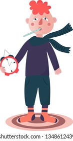 Person having cold, with thermometer, cartoon style vector illustration