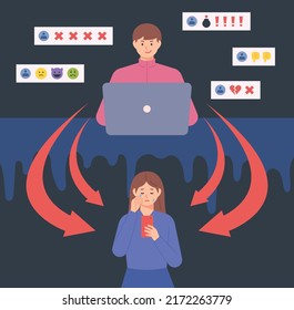 A person is having fun while swearing at another person on an internet social network. The victim is crying over the review. flat design style vector illustration.