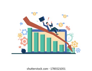 Person having going through financial troubles, money loss and crisis. Business man falling down with recession chart. Vector illustration for bankruptcy, economy failure concepts