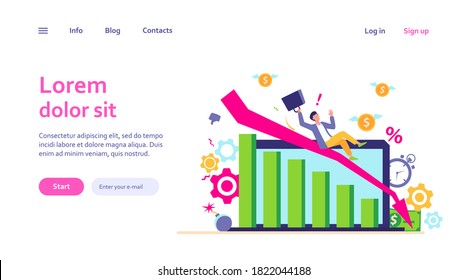 Person having going through financial troubles, money loss and crisis. Business man falling down with recession chart. Vector illustration for bankruptcy, economy failure concepts