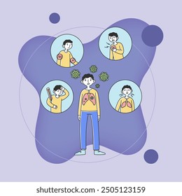 Person having pneumonia symptoms. Sick man suffering from cough, fever, headache, respiratory disease. Vector illustration for health, infection, pneumonia concept