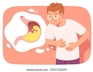 Person having stomach pain heartburn. Sad sick man suffering from stomachache, gastric acid indigestion problem. Abdomen disease, reflux, abdominal ache, health care concept flat vector illustration