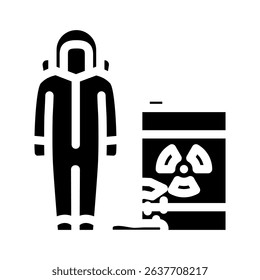 person hazmat suit near spill radioactive pollution glyph icon vector. person hazmat suit near spill radioactive pollution sign. isolated symbol illustration