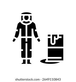 person hazmat suit near spill radioactive pollution glyph icon vector. person hazmat suit near spill radioactive pollution sign. isolated symbol illustration