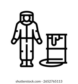 traje hazmat da pessoa perto do vetor da linha da poluição radioativa do derramamento. traje hazmat da pessoa perto do sinal da poluição radioativa do derramamento.