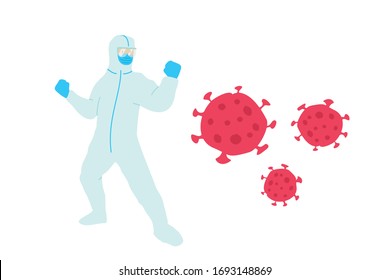 Person with Hazmat Suit Ready to Fight Corona Virus. Fight against Covid 19 Wearing Hazmat