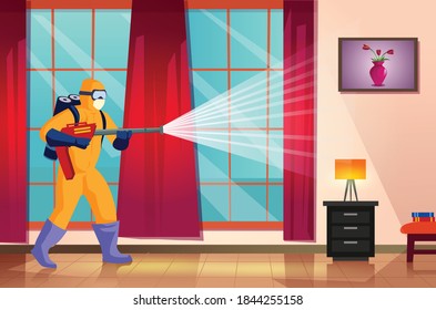 A person in a hazmat suit spraying the interior of a home / living room with sanitizer. Red drapes hang on a window, a lamp on a table. The person wears goggles and a mask.