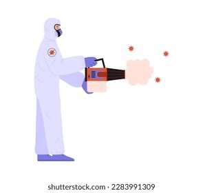 Person in hazmat suit using professional tool to disinfect viruses, flat vector illustration isolated on white background. Disinfection service worker.