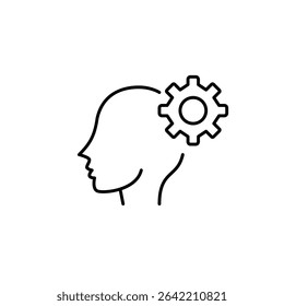Person head and cogwheel. Thinking process, cognitive functions, mental settings, user preferences, problem solving, intelligent automation. Pixel perfect, editable stroke vector icon
