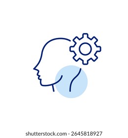 Person head and cogwheel. Thinking process, cognitive functions, mental settings, user preferences, problem solving, intelligent automation. Pixel perfect, editable stroke vector icon