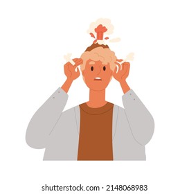 Person With Head Explosion And Steam, Overloaded With Information, Tired Of Problems. Mind Pressure, Headache, Troubles Concept. Overworked Man. Flat Vector Illustration Isolated On White Background