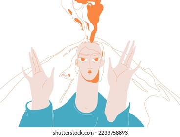 Persona con explosión de cabeza y vapor, sobrecargada de información, cansada de problemas. Presión mental, dolor de cabeza, concepto de problemas. Ilustración vectorial plana aislada en fondo blanco