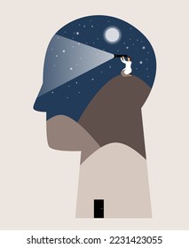 Person Kopf, in dem der Psychologe die Lösung des Problems mit einer Laterne. Psychotherapie für Patienten. Lösung psychologischer Probleme und psychische Psychotherapie in Kopfgrafik