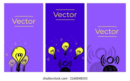 Person head with light bulbs set of vector illustrations. Creators economy sketch hand drawn vertical background. Communication in team work media banner