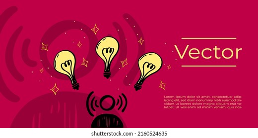 Person head with light bulbs vector illustration. Creators economy sketch hand drawn background. Communication in team work media banner