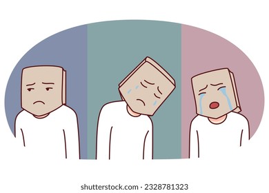Person head in paper bag suffer from psychological mental problems  Man hide emotions struggling from depression low self  esteem  Emotional instability  Vector illustration 
