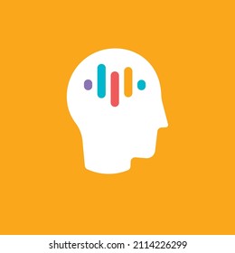 Person Head Silhouette With Equalizer Symbol, Neural Impulse Abstract Sign, Music Media Library Icon, Brain Research Lab, Audio Technology Logo. Vector Illustration