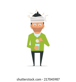 a person a headache. man is going to take a pill for a headache. Headache man with bandage on his head and medicine. a man has a headache, and he drinks a tablet. Vector. 