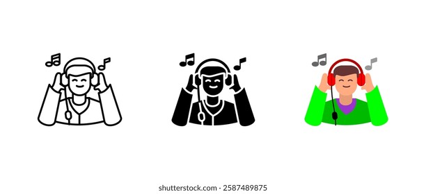 Person at headphones icon. Music and audio sign. Sound and melody symbol. Song and rhythm pictogram. Entertainment streaming illustration. Digital playlist concept.