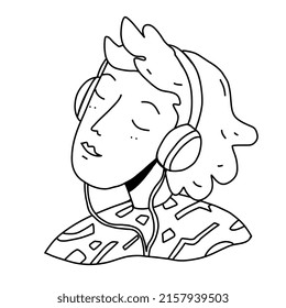 Person with headphones, portrait in cartoon doodle outline style. Boy or girl, unbinary person listening music, speech, podcast or broadcast. Vector illustration with funny character in headphones.