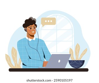 Person with headphones working on laptop, flat design, white background, concept of remote work. Vector illustration