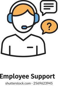 A person with a headset and a question bubble above them and a customer support icon in vector.