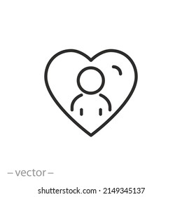 person in heart icon, compassion or empathy for people, care human, thin line symbol on white background - editable stroke vector illustration