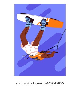 Person in helmet jumps upside down while kitesurfing. Man,woman surfing, holds cable, rides on board, does tricks in ocean. Character goes wakeboarding, extreme water sport. Flat vector illustration