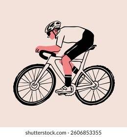 Person in helmet, sport suit riding bicycle. Cyclist in movement. Ride, cycling lifestyle, triathlon concept. Hand drawn modern Vector illustration. Isolated design element. Poster, print template