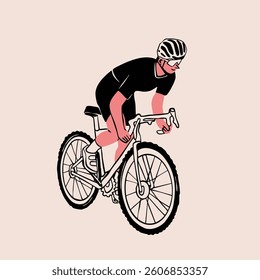 Person in helmet, sport suit riding bicycle. Cyclist in movement. Ride, cycling lifestyle, triathlon concept. Hand drawn modern Vector illustration. Isolated design element. Poster, print template