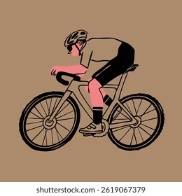 Pessoa de capacete, terno desportivo andando de bicicleta. Ciclistas em movimento. Vista lateral. Passeio, ciclismo, bicicleta, conceito de esporte. Ilustração Vetor moderna desenhada à mão. Elemento de design isolado