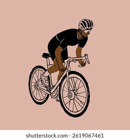 Pessoa de capacete, terno desportivo andando de bicicleta. Ciclistas em movimento. Vista lateral. Passeio, ciclismo, bicicleta, conceito de esporte. Ilustração Vetor moderna desenhada à mão. Elemento de design isolado