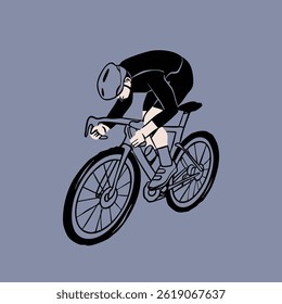Person in helmet, sport suit riding bicycle. Cyclist in movement. Side view. Ride, cycling, bicycle, sport concept. Hand drawn modern Vector illustration. Isolated design element