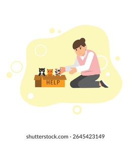 uma pessoa ajudando ou adotando gatinhos de uma caixa rotulada. sugerindo uma cena de resgate ou adoção de animais de estimação. uma mensagem de compaixão e cuidado com animais abandonados ou carentes.