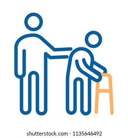 Person helping old patient. Vector thin line icon illustration. Nursing home, senior and elders support, healthcare for the older people