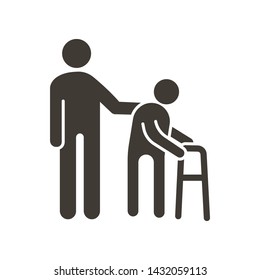 Person helping old patient. Vector flat glyph icon illustration. Nursing home, senior and elders support, healthcare for the older people