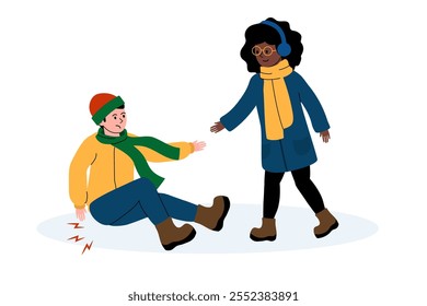 Person helps a friend who has fallen in a snowy outdoor setting during winter