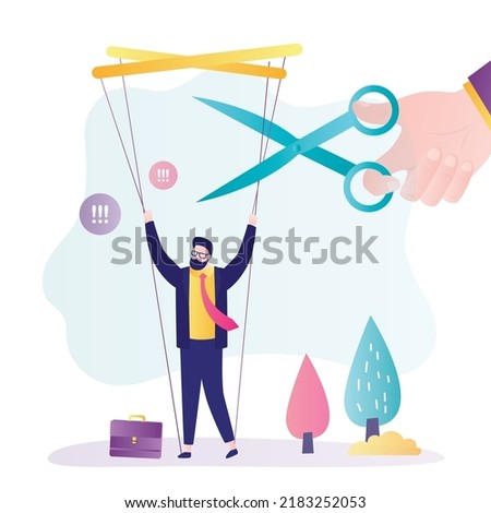 Person helps office worker to free from bondage. Hand with scissors cuts strings of puppet. Manipulation and tight control of employees. Businessman freed from dictator boss. Flat vector illustration