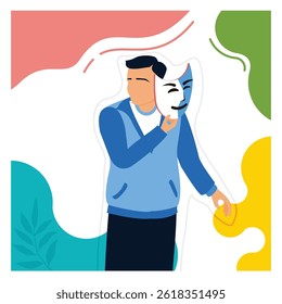 A person hides emotions with a mask. Symbolizes pent-up emotions. Flat vector illustration.
