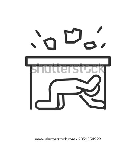 Person hides from a rockfall under a table, linear icon. Hiding from falling objects under stable furniture. Rule of behaviour in an earthquake. Line with editable stroke