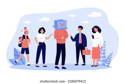 Person hiding head inside of cardboard box. Escape and frustration of shy character flat vector illustration. Mistake, depression, misfortune concept for banner, website design or landing web page