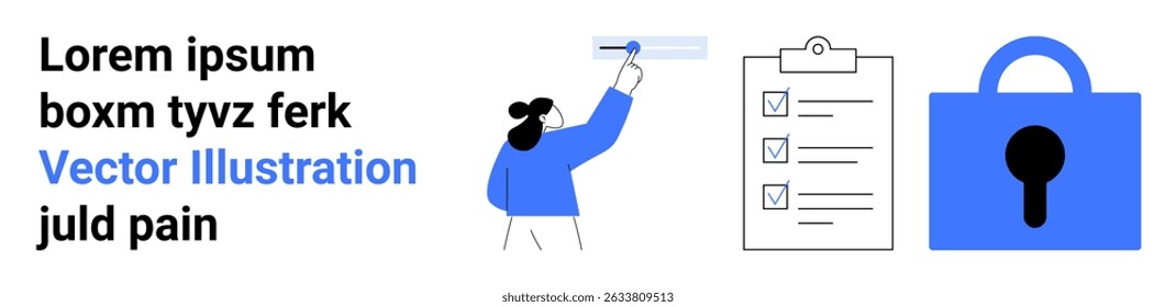 Person highlighting text with a marker, checklist on a clipboard, and a blue lock symbol. Ideal for cybersecurity, data protection guides, app tutorials, online courses, IT services, privacy