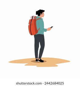 person with hiking backpack. Male explorer or traveler in sportswear. Flat vector illustration of adventure tourism, travel and discovery