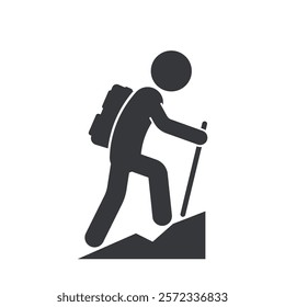 Person hiking up a mountain, carrying a backpack and holding a walking stick, isolated pictogram