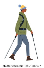 Person hiking with trekking poles wearing winter clothing and backpack. Side view of individual in outdoor activity. Colorful minimalist design