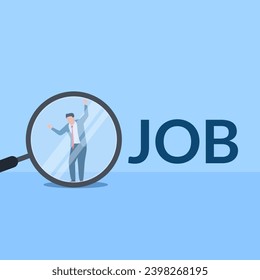 person hitting a magnifying glass next to the word job, a metaphor for looking for work. Simple flat conceptual illustration.